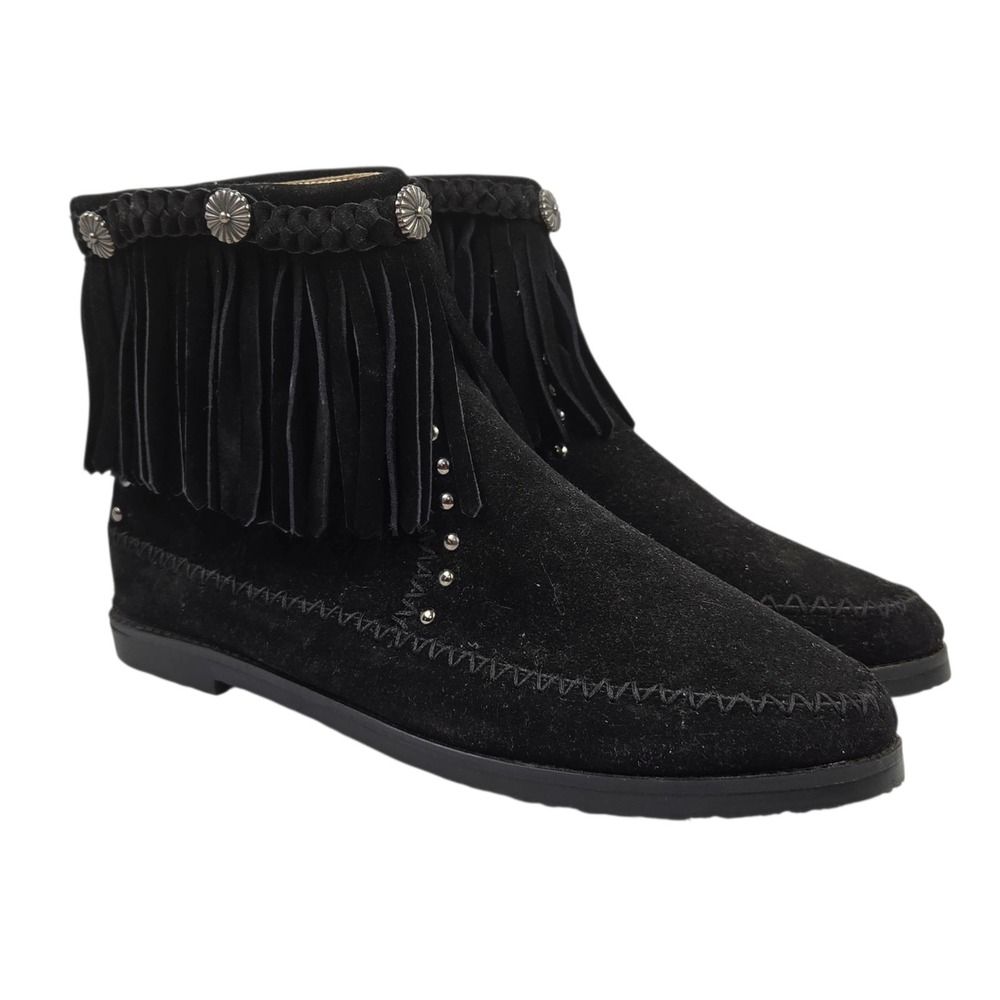 NWOB Montana West Boots Black Faux Suede Fringe Ankle Back Zip Women's 9 Western